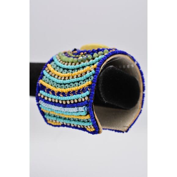 Beaded Cuff Bangle Bracelet Rhinestone Crystal Royal Blue Yellow Gold Chunky - Picture 4 of 12